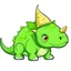 Placeholder: Cartoon illustration for children: Green Triceratops with a broken horn. He is very very sad.