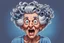 Placeholder: A delightfully eccentric cartoon illustration of a spirited elderly woman with wild gray hair in messy curlers, standing straight up a round her head. Her exaggerated facial features include wide-open eyes with visible blue irises and large pupils, a humongous open mouth as if screaming animatedly, and her wrinkled skin showcases her age. The woman is fervently pouring coffee from an overflowing black pot into an overfilling white cup, with coffee spills frozen mid-air. She wears a pink shirt w