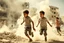 Placeholder: children running from bombs in a ruined city in Palestina, smoke and fire and explosions