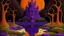 Placeholder: A purple swamp with a pumpkin citadel designed in Mexican folk art painted by John Brack