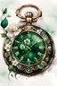 Placeholder: watercolor, dark style, dark green watch with white lace, emeralds and flowers, Trending on Artstation, {creative commons}, fanart, AIart, {Woolitize}, by Charlie Bowater, Illustration, Color Grading, Filmic, Nikon D750, Brenizer Method, Side-View, Perspective, Depth of Field, Field of View, F/2.8, Lens Flare, Tonal Colors, 8K, Full-HD, ProPhoto