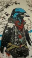 Placeholder: A contemporary serigraphy portrait by Kunisada of a crow adorned in a punk leather jacket within a snowy Christmas atmosphere.