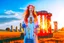 Placeholder: Full body shot of a tall slim red-headed young woman, dressed like a gipsy, standing in front of Stonehenge in a flaming circle