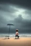 Placeholder: young boy on beach with a man laying down behind him, dark storm clouds overhead, gloomy, bleak, shopping trolley on side, dusk. the road cormac mccarthy