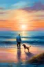 Placeholder: Craft an impressionistic painting of a solitary figure standing at the edge of a calm sea, with a dog by their side. The scene is set at sunrise, with the sky and sea awash in a brilliant array of colors—soft blues, gentle golds, and subtle pinks, all reflecting off the water's surface. The brushstrokes are visible and textured, giving the painting a dreamy, vibrant quality. The figure and the dog cast long reflections on the water, creating a harmonious connection between them and the surroundi