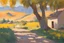 Placeholder: sunny day, mountains, trees, dirt road, countryside, nostalgy influence, adobe house, henry luyten and ludwig dettman impressionism paintings