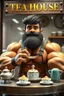 Placeholder: BOY mechanic man with SUPER MASSIVE huge muscles ON MUSCLES and his top off enjoying high tea by himshelf with little cakes, large SIGN THAT HAS A title( - TEA HOUSE) BOYISH CUTE FLUFFY, HD, 4K