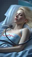 Placeholder: photorealistic hyperdetailed very small young woman with blonde hair lying asleep on a hospital large bed with a heart monitor and tubes attached