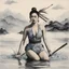 Placeholder: A surprised Nomadic samurai woman, 24-years-old wearing a one-piece swimsuit with patterns in traditional Chinese brush, expressive line, ink washes to fish in the water, poised on hands and knees, the overcast sky in the background, vintage 1980's photo
