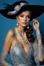 Placeholder: full body beautiful girl, elegant silver,lace clothes of the 80s, luxury style, small elegant hat with feather, hair of the 80s, pearl necklace, earrings masterful, beautiful face,blue backdrop