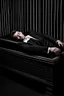 Placeholder: a man in black suit, white shirt, black pants, black shoe sleeping in a coffin