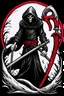 Placeholder: hooded Grim-Reaper gripping scythe, vignette, black and white graphic novel style with a red outline, and black background,