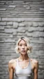 Placeholder: beautiful asian anorexic woman, total shot, short silver triathlon swimsuit, short blond wavy bob hair, blurred concrete background