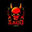 Placeholder: stylish abstract logo for rock band orange text "SARDONIC HARMONY" in a futuristic robotic font, sinister evil marshmallow head with headphones and red flames, horror, dark negative space, by H.R. Giger and Godmachine, violent colors, minimalism