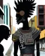 Placeholder: two arafed persons arguing in middle of street, yikes art, afrofuturism, arafed angularity, art cracking the road, angular aztec vibe, whimsical arafed nonsense, patchwork vibe, (((side view))) two arafed cyberlords fighting each other in a rainy whimsical downtown street with extreme body action and with (((exaggerated body parts))), (((oversize head))), sharp color contrasts, amazing shadows, (((exaggerated limbs and head))), minimal cozy, warm palette, bright bold warm summer colors