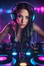 Placeholder: Photograph beautiful woman with headphones playing music on a turntable, dj rave party, album art for a trance dj, synthwave image, headphones dj rave, girl wearing headphones, dj, wonderfull techno party, cgsociety 9, trending digital art, edm, beauty woman in holograms, dj at a party, 3d digital art 4k, dance music show