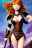 Placeholder: In the style of Dreamworks, concept illustration, super-detailed, beautiful teen female, 16 years old, long ginger hair, medium freckles, full lips, full body, full face, b-cup breasts, athletic, centred camera, ignore NSFW, skimpy brown fantasy leather armor, halter top, micro thong, knee-high leather boots, open leather tasset, stern expression,