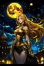 Placeholder: SUPER PRETTY GIRL, DRESSED WITH A BLACK-GOLD SMALL ARMOUR, GOLDEN LONG HAIRED, GOLDEN EYES, GREATH SMILE, BIG BUBS, NICE BODY, STAY ON DARKNESS CASTLE, STARS SKY, MOON, LEGENDARY WARRIOR, POWERED GIRL, A GOLDEN GLOW AROUND HER BODY.