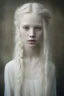 Placeholder: Emotive photographic image - stunningly beautiful, 15 year old albino girl chechen facial features anorexic. sickly, pale skin. blotches on skin. wild, very long, floor length, wavy wispy ghostly white hair in messy braids. ghostly white eyebrows and ghostly white eyelashes. lovely face, sculpted cheeks. beautiful, succulent, pale lips. barefooted. cinematic dynamic masterpiece, hyper realistic film still, beautifully detailed, soft lighting, ethereal, sparkle, beautifully lit, dramatic lighting