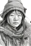 Placeholder: pencil drawing of an 18-year-old Mongolian girl dressed in torn rags