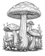 Placeholder: mushroom world minimalistic landscape. line art, background, vector, svg, coloring book page style, black outline on white background