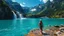 Placeholder: a picturesque natural landscape that includes majestic mountains and a serene countryside. Additionally, incorporate details about a stunning, large waterfall that enhances the beauty of the scene. The output should be structured as a narrative, painting a clear image with rich, descriptive language that evokes the sights and sounds of this beautiful environment water fall falls to a big sea with modern ship in it.a fullbody lady inOne Piece - Athletic Swimsuit,and diving cap