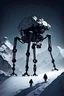 Placeholder: a minimalist silhouette of a sleek mechanical walker with eight legs scaling a very steep snow covered side of mout everest at night, it has a smooth surface, it has storage pods on its belly and humans can fit in the pods