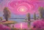 Placeholder: fushsia sky, planet in the sky, lake, sci-fi, mountains, galactic cosmic influence, auguste oleffe and emile claus impressionism paintings