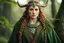 Placeholder: Subject & Action: A low-angle portrait capturing a fierce, youthful woman druid of Celtic lineage. She stands with a determined, vengeance-filled expression, looking directly into the lens. Her newly appointed druidic robes—made of textured, green and brown wool and adorned with rough wooden beads, embroidered leaf patterns, and small animal skull fetishes—are slightly wind-blown. She holds a gnarled wooden staff in her left hand and grips a stone-tipped dagger in her right, ready for battle. E
