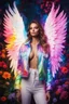 Placeholder: Gorgeous Photography Super Model European Beautiful Woman as Angel with clothing abstracts flowers luxury casual jacket dressing painting art neons rainbow colors glowing in the dark and colorful details, light leaks boleh colors,flowers background