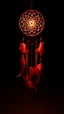 Placeholder: a dreamcatcher made of light, natural red tones, brown dirt ground long bottom, dark background