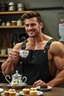 Placeholder: a young mechanic man with huge muscles and his top off enjoying high tea by himshelf with little cakes