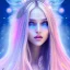 Placeholder: beautiful, soft, smiling face, whole head, long straight blonde hair blues eyes, crown on the head, clothing in transparent bluish and pink veil, background brillante bluish and pink, hight definition, 8K