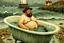 Placeholder: A fat man wearing a hat, is in a bath tub, by a light house, by andrea kowch, holding a umbrella, inspired by andrew wyeth. A rustic harbour, with ships docked is nearby. The Beach is covered with sea shells, crabs and lobsters.There are rain clouds and everything looks as if done in watercolors victo ngai, matisse, monet, catrin welz-stein, vladi