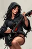 Placeholder: beautiful busty waif woman(wearing a wrinkled dark hoodie with wide sleeves trimmed with lace) playing a black electric guitar at high angle. heavy metal graphic novel