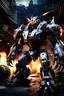 Placeholder: a detailed picture of a Pacific Rim Jaeger as if it were made by the Harley Davidson Motorcycle company. It towers over the war-ravaged city. It is decorated with lots of chrome, airbrushed flames , and a big Willy G skull on its chest plate. It has many weapons and lights. Cinematic shot.