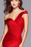 Placeholder: young, beautiful Ozbek brunette with a perfect happy face with make up, wearing red off shoulder dress, in a dance club, hands on her hips