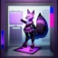 Placeholder: a fox fursona, darker colors, master quality, backlighting, soft lights, full body portrait, in frame, 8k, furry, fur, black and purple color pallet, robotic arm, cyberpunk, anthropomorphic