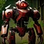 Placeholder: trash mech suit, human-sized, made of scrap metal, small, cockpit, light rust, round, red glowing eyes