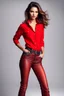 Placeholder: the genre is modern, a beautiful woman model and actress, hair, bright eyes perfect facial features,wearing jeans pants and pretty red shirt, a very beautiful favorite, a full body, he stands tall, no background