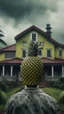 Placeholder: A man with 6 eyes, no face expressions , no hair in the background a big house looks like a pineapple , cloudy weather 8k