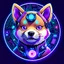 Placeholder: Draw a circular logo of a Shiba Inu cartoon cybernetic puppy, purple colored fur, a blue LED on its forehead and electronic circuits around it.