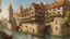 Placeholder: medieval buildings with balconies overhanging a river, blue sky and people, photorealism, trees, foliage, piers, intricate detail, ultra-sharp image, sharp focus
