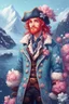 Placeholder: kind sailor, man, red slightly curly hair, long jacket, pink-azure clothes, pink-azure cocked hat in cold colors, white floral pattern on jacket, flower in hair, pirate, frozen, stardew, valley style