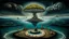Placeholder: one alone human sitting on deep dark colors little island on big ocean, next the island close alone human there is beautyful landscape with with cites and with many humans, . normal neurotipical lifes contrast the weird inner world with neurodivergens soul and mind,, Whimsical strange style of Chagall, of Bosch of giger and Anton Semenov. weird absurd beauty nightmare, in background neuronic network and normal landscape Whimsical surreal vibe, cinematic