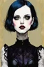 Placeholder: Create and fine print portrait illustration of a Goth Girl ball jointed porcelain doll, with finely lined and detailed facial features, short cropped hair, in a ragged gothic dress, fishnet stockings ,battered combat boots, , in the graphic novel style of Bill Sienkiewicz, and Jean Giraud Moebius, precisely drawn, colored and inked