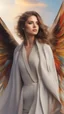 Placeholder: Young woman angel, lovely face, Dark brown eyes, elegant coat, ashen medium hair, colorful wings, outdoors, realism, dynamic lighting hyperdetailed intricately detailed photo triadic colors