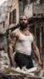 Placeholder: half figure photography of a shy dirty arab burly muscular beefy strong man 38 years old with raided beard, shaved hair, tattoo, ajar mouth, photorealistic ,dressed with a white tank top, side light, outdoor in a dirty street full of garbage