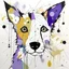 Placeholder: A colorful, abstract and minimal painting of a dog with exaggerated features. The dog has large eyes, a patchwork of gold, purple and tan fur, with black outline details giving a scribbled effect. the image is in the middle of a white canvas. The background should be clean and mostly white, with subtle geometric shapes and thin, straight lines that intersect with dotted nodes. The style is expressive and textured, reminiscent of outsider art.