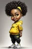 Placeholder: Create an airbrush image of a curvy chibi cartoon black female wearing a yellow jogger set and black sneakers. Prominent make up with hazel eyes. Extremely highly detailed of messing curly bun